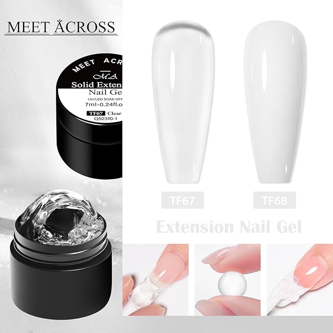 MEET ACROSS All-in-One Extension Mini Kit 2×7ml Non-Sticky Builder Gel Starter Kit WIth Base & Top Coat/Dual-Silicone Pen/Pro File/20-Pc Reusable Dual Forms Salon-Grade Extensions (Clear+White)