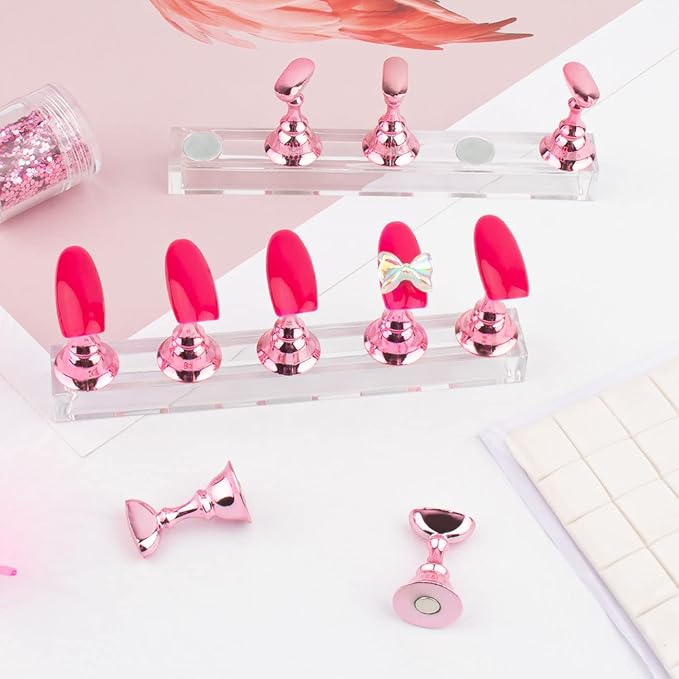 Nail Stand for Press On Nail Holder for Painting Nails Magnetic Nail Tips Practice Holder with 2 Pcs Double-sided Tape for DIY Painting (Pink B)