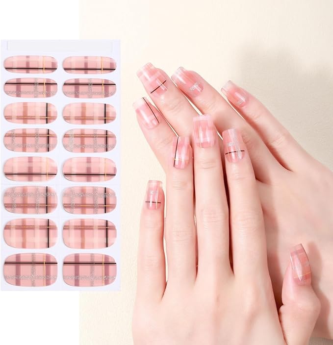 16pcs Gel Nail Strips - Nail Wraps Kit for Women Girls, No UV Light Needed, Natural Looking Manicure Full Cover Fake Nails Short Art Decor(Light Pink with Gold)