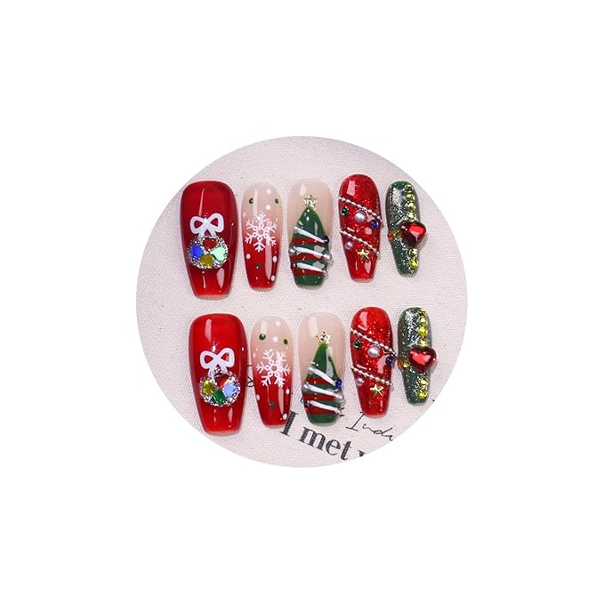 10Pcs Christmas Coffin Press on Nails Handmade Fake Nails with 3D Love Rhinestone Pearl Design Red Green Christmas False Nails Handmade Acrylic Nails Press ons Christmas Tree Nail for Women (S)