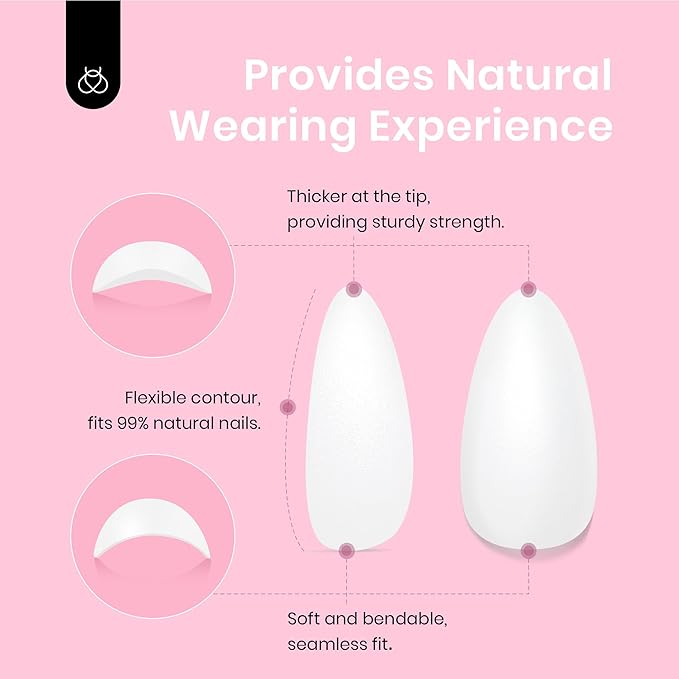 Beetles Press On Nails Short Almond - 4 in 1 Matte Milky White Soft Gel Nail Tips 224PCS Pre-Applied Tip Primer Nails Press ons 16 Sizes Glue on Nails-Perfect for Girls&Women