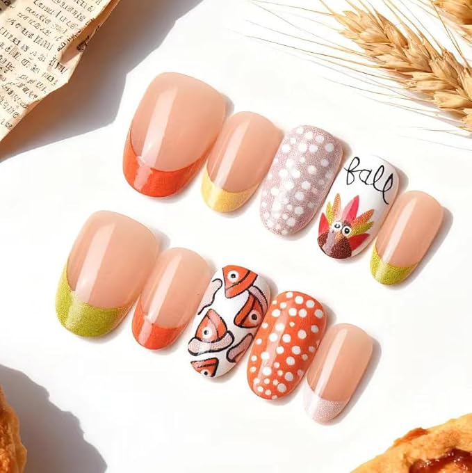 Thanksgiving Short Square Press on Nails Fall Theme Fake Nails Colorful Cartoon Polka Dot Stick on Nail