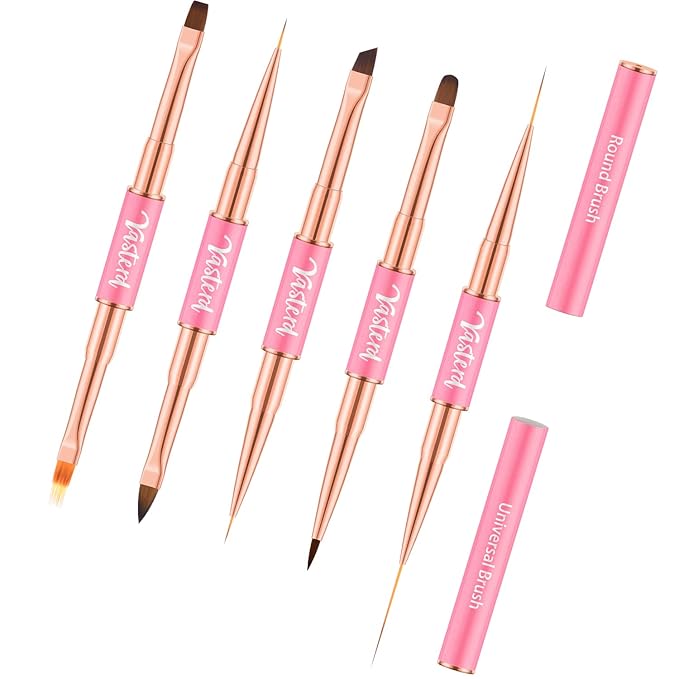 Nail Art Brushes Set 5pcs Double-Ended Nail Brushes for Nail Art with Nail Extension Gel Brush, Builder Gel Brush, Nail Art Liner Brush