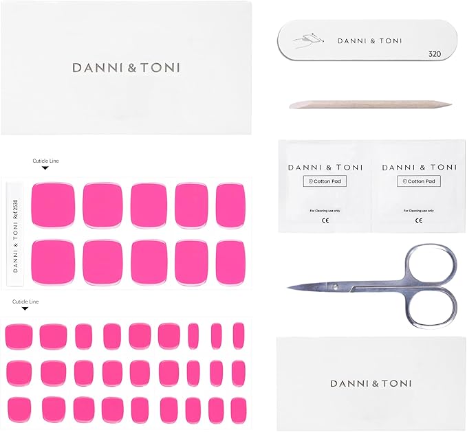 DANNI & TONI Semi Cured Gel Toenail Strips (Hot Pink) Bright Pink Gel Toenail Stickers Summer Pedi 37 Stickers