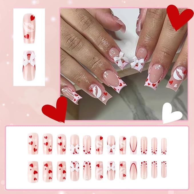 Medium Press on Nails Square - Pink Fake Nails with Bow Heart Design - French Tip Full Cover Stick on False Nails - for Women 24 Pcs