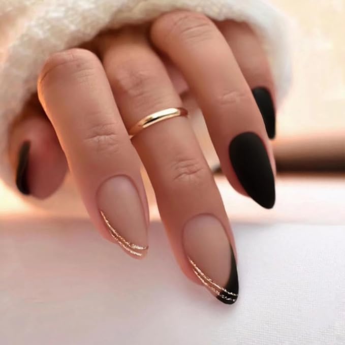 Black Press on Nails Medium Almond Fake Nails Matte False Nails Press ons with Designs French Tip Acrylic Full Cover Glue on Nails Halloween Stick on Nail for Women Manicure 24 Pcs