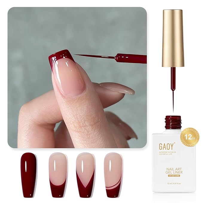 GAOY Red Swirl Gel Nail Polish Art Liner, 12ml Dark Red Color Nail Paint Design with Thin Brush, UV Light Cure for DIY French Manicure at Home
