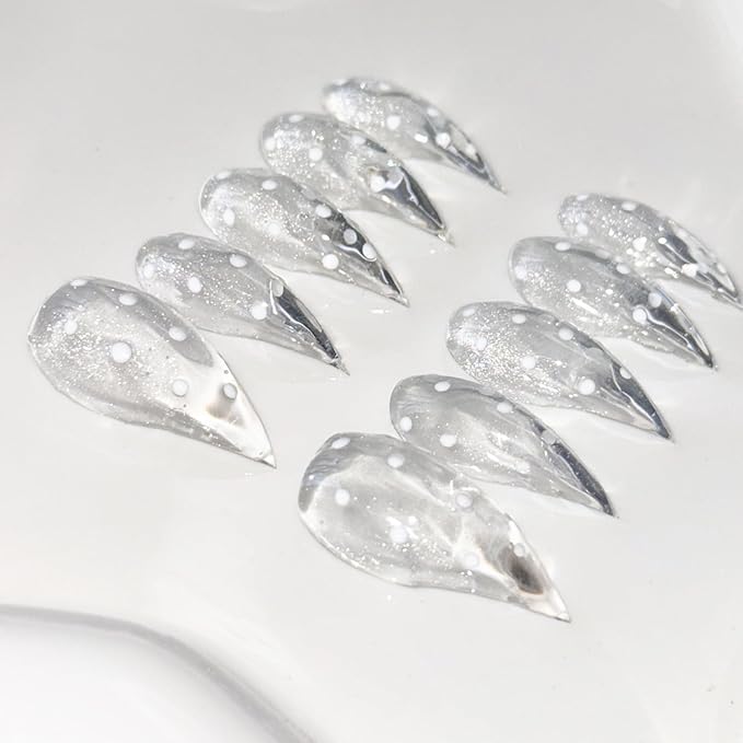 10 Pcs Handmade Press on Nails Curved Short Eagle Claw Fake Nails with Dot Designs Transparent Luxury Dragon Claw False Nails with Glue,Full Cover Acrylic Artificial Glue on Nail for Women(S)