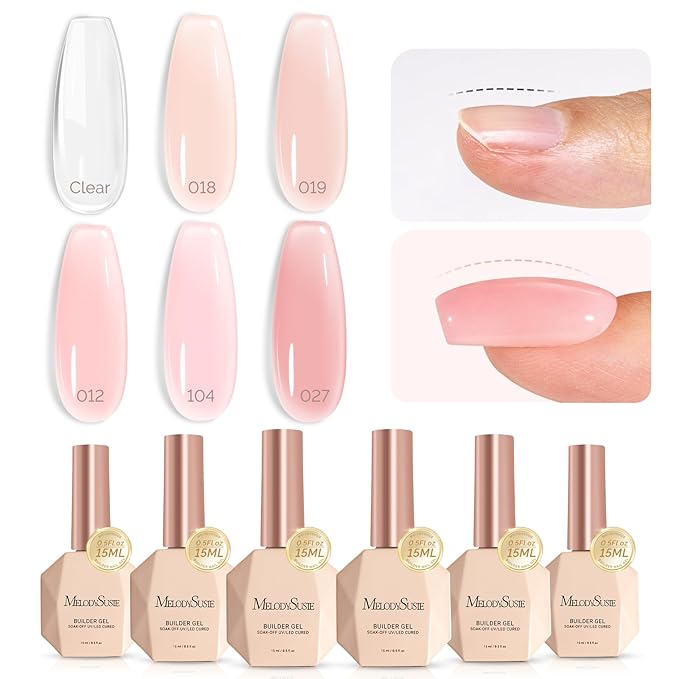 MelodySusie Builder Gel Nail Set for Nails Thickening,6 Colors 15ML Nude Pink Base Colors Clear Rubber Base Gel Polish,Soak Off UV Extension,Rhinestone Nail Glue in a Bottle Gift for Women