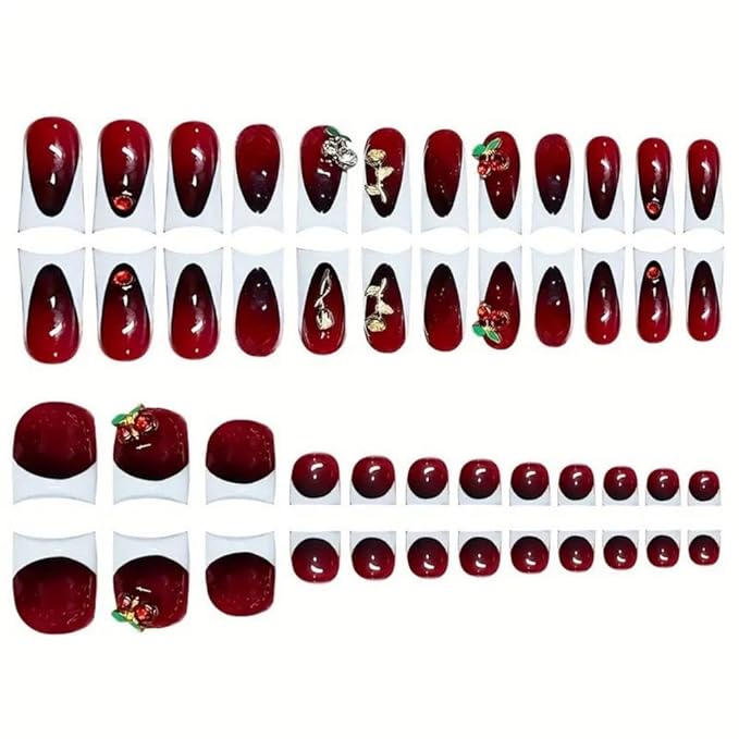 White French Tips Press on Nails Short Duck Fake Nails with 3D Rose Charm Design Short Square Press on Toenails 5D Red Cherry Fake Toenails Summer Beach False Nails for Women Girls Manicure 48Pcs