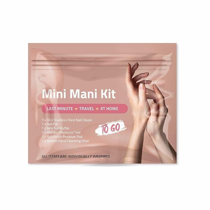 Mini Mani Kit – Disposable Manicure Set with Nail Clipper, File, Buffer, Cuticle Stick, Remover Pad & Alcohol Wipe – Single-Use Nail Care Kit for Travel, Events, or Bulk Hygiene (Regular, 1, Count)