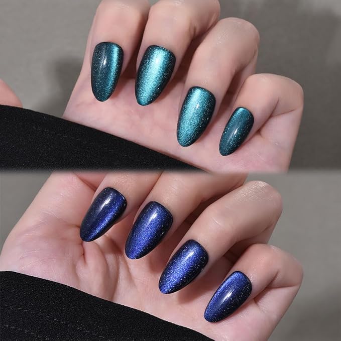 Cat Eye Press on Nails Short Almond, Sapphire Blue & Royal Blue Press on Nails Almond, Fashion Gel Fake Nails, Reusable Acrylic Fake Nails, Glossy Stick on Nails for Women, Glue on Nails Kit.