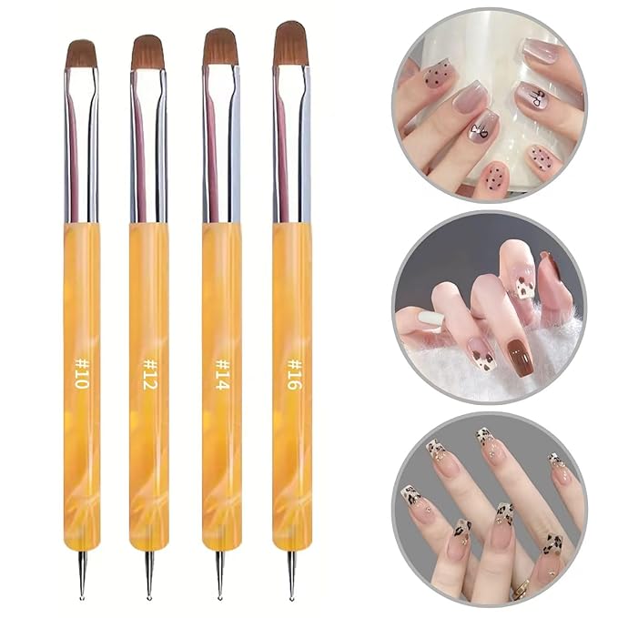4Pcs French Tip Brush, Double-Ended French Brushes for Nails with Dotting Tool, Clean Up Brush for Gel Nail Polish, Size 10/12/14/16, Acrylic Nail Art Brushes, Manicure Tools for Nail Design-Yellow