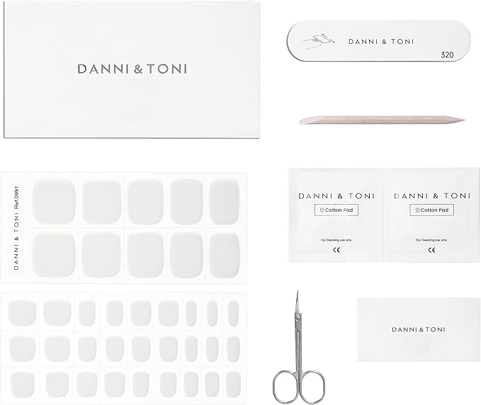 DANNI & TONI Semi Cured Gel Toenail Strips White (White Topaz) Gel Toenail Stickers Glazed Pedi Strips 37 Stickers