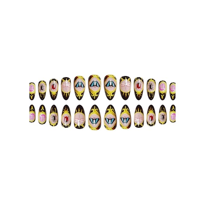 Short Press on Nails Almond Fake Nails Black False Nails Artificial Nails with Insect DesignsGold CharmStick on Nails for Women 24pcs