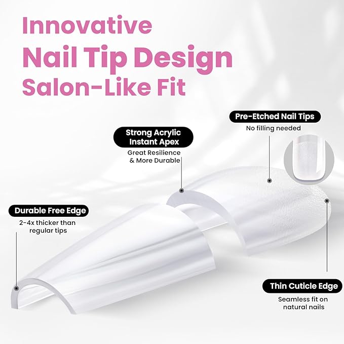 Beetles Tipex Lite Apex Nail Tips, Square Short, 512pcs 16 Sizes,Pre-Building Pre-Etched Acrylic Nail Tips for Flat Nails & Natural Nail Beds