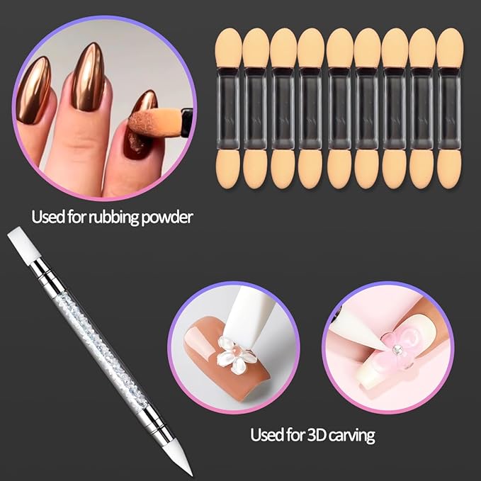 9 Jars Chrome Nail Powder for Gel Nails, Metallic Mirror Effect Pigment Nail Chrome Powder Kit with 10ml 3D Sculpting Gel for Home DIY Salon Use