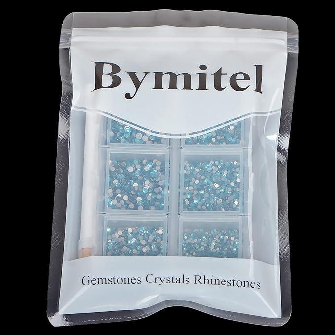 Bymitel 7200 Pieces 6 Mixed Sizes Glue Fix on Glass Rhinestones Round Crystal Gems Flatback for DIY Jewelry Making with one Picking Pen(6-Sizes 7200PCS, Aquamarine)