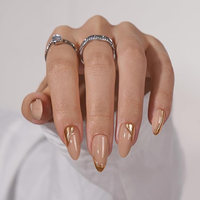BTArtbox Press On Nails Almond - Medium Glue On Nails with 3D Sculpting Metallic Design, Supremely Fit & Glossy Fake Nails in 15 Sizes, Amber