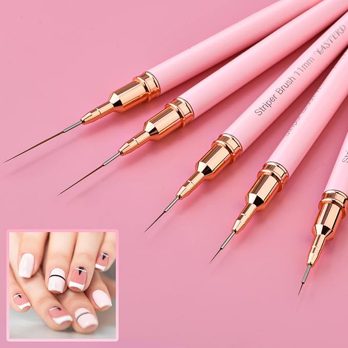 Yasterd Pink Metal Handle Nail Art Brushes, 6pcs Striper Set for Long Lines, Thin Details, Fine Drawing, Delicate Coloring, Elongated Lines, Sizes 5/7/9/11/15/25mm