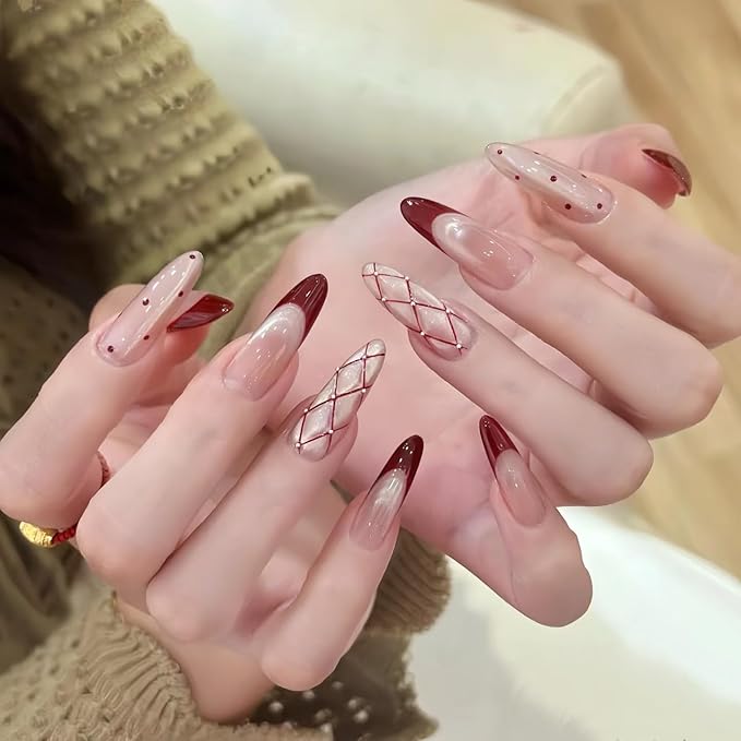 Press On Nails,Long Almond Red Glitter French Fake Nails for Women,30pcs with Jelly Glue,Reusable, Perfect for Holiday Parties or Gifts