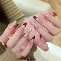 Press On Nails,Long Almond Red Glitter French Fake Nails for Women,30pcs with Jelly Glue,Reusable, Perfect for Holiday Parties or Gifts