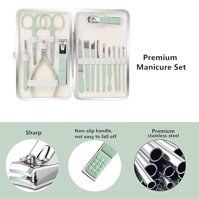 Manicure Set Pedicure Kit Nail Clipper Set Men Women 16 Pcs Personal Care Tools Kit with Portable Travel Case Professional Manicure Pedicure Tools Grooming Kit for Family Friends(Green)