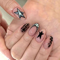 Nude Pink French medium Press On Nails Almond, Punk Mixed Design Fake Nails with Black Star & Crocodile Texture Detail, Glossy Gel Finish Acrylic Nails, Reusable Glue On Nails Kit for Women
