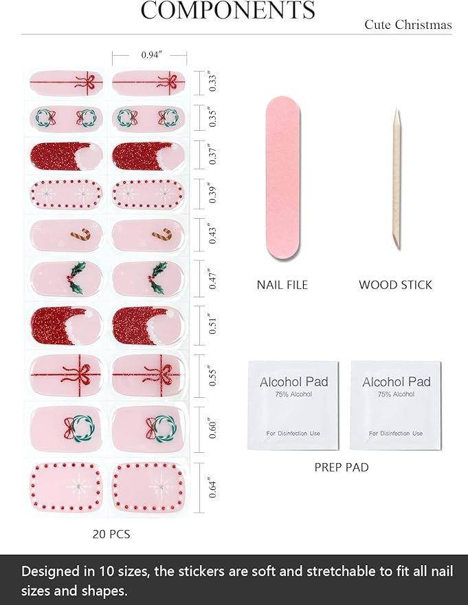 Semi Cured Gel Nail Strips (Cute Christmas), Red Santa Hat, 20 Pcs Gel Nail Wraps, Stickers, Wreath, Snowflake, Candy Cane, Works with Any UV Lamps