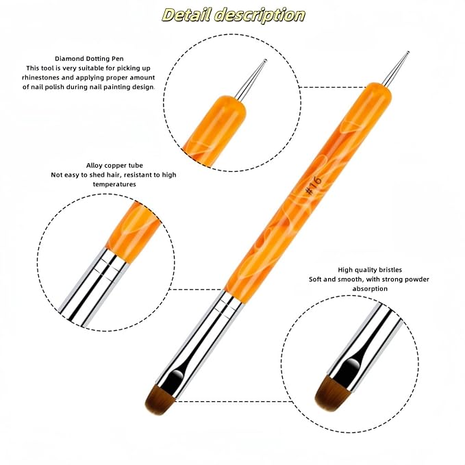 French Brush for Nails Premium 2 Way French Gel Acrylic Nail Art Brush and Dotting Tool, 2 Pcs French Tip Brush 14 and 16 Professional Nail Salon Quality Brush, Nail Dotting Pen (Orange)