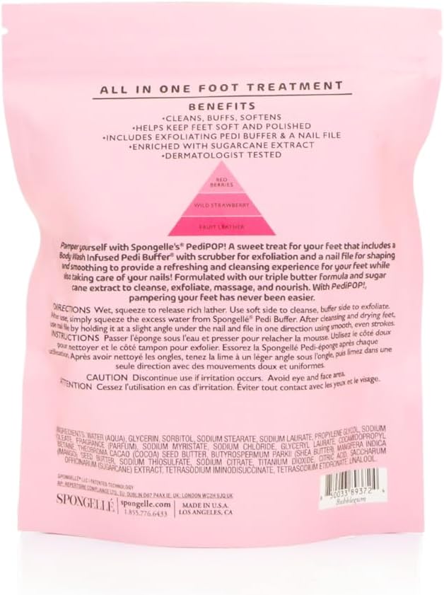 Spongellé Bubblegum PediPOP! Pedi Buffer & Nail File | All-in-One Pedicure Treatment | Exfoliates, Softens & Cleanses | 30+ Washes | Vegan & Cruelty-Free