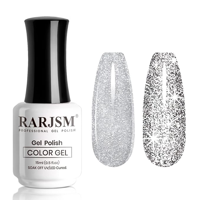RARJSM Gel Polish Reflective Glitter,Gel Polish Glitter Silver,Flash Diamond Nail Gelpolish Soak off Disco Shimmer Gel Nail Polish UV LED Curing Requires 15ml for Home Salon Diy Nails Manicure