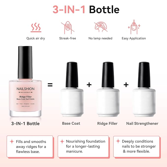 Ridge Filler Base Coat 3-in-1 Nail Strengthener Growth for Damaged Uneven Nails & Ridges, Nourish VE & Protein-Fortifying Leveling Base for Smooth, Flawless Polish | Vegan Cruelty Free