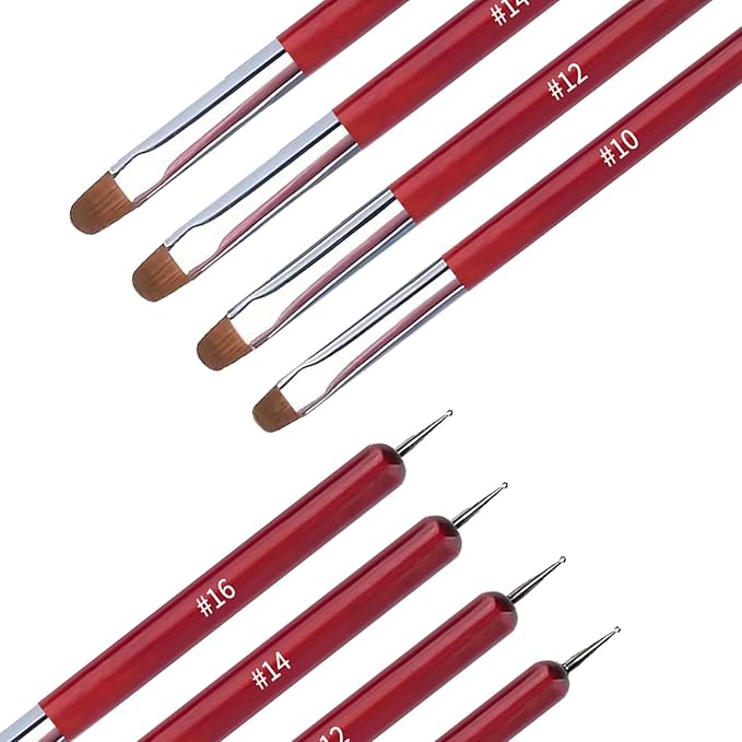 4Pcs French Tip Brush, Double-Ended French Brushes for Nails with Dotting Tool, Clean Up Brush for Gel Nail Polish, Size 10/12/14/16, Acrylic Nail Art Brushes, Manicure Tools for Nail Design-Red