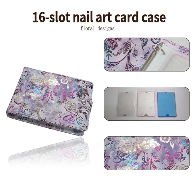 DRDS 16 Slots Nail Art Stamp Plate Holder Stamping Plates Storage Bag Cases Flower Pattern Practical Empty Rectangle Plates Big Size 9.5X14.5CM Organizers