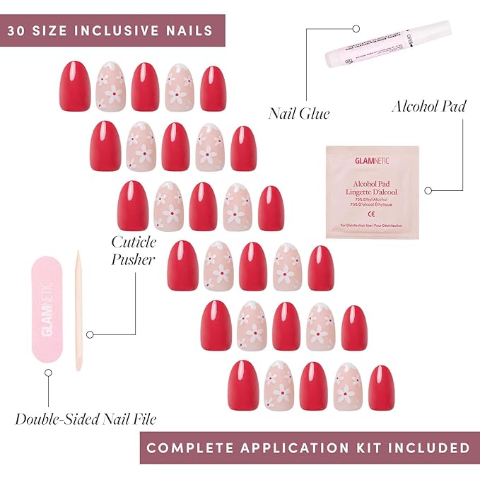 Valentines Day Glamnetic Press On Nails - Red Blossom | Glossy and Matte Short Oval Nails with Floral Accents, Salon Quality | 15 Sizes - 30 Nail Kit with Glue