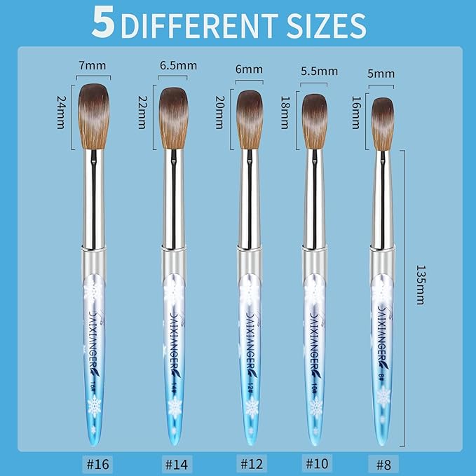 5PCS Snowflake Acrylic Nail Brush Set - Size 8/10/12/14/16 Brushes for Acrylic Powder Application, 3D Carving & Nail Art Extension, Blue Handle Nail Tools for DIY Home Salon Manicure