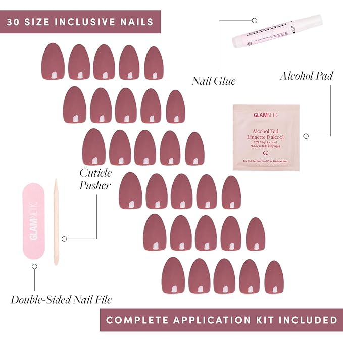 Glamnetic Press On Nails - Fall Mauve Fake Nails | Opaque Muted Blush Mauve Short Oval Fake Nails, Salon Quality | 15 Sizes - 30 Nail Kit with Glue