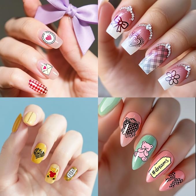 PH PandaHall 3pcs Cute Bear Nail Stamping Plates Bows Heart Nails Art Stencils Butterfly Fruit Mushroom Manicure Art Templates Lovely Sweet Style Nails Image Plates for Women Manicures Salon Design