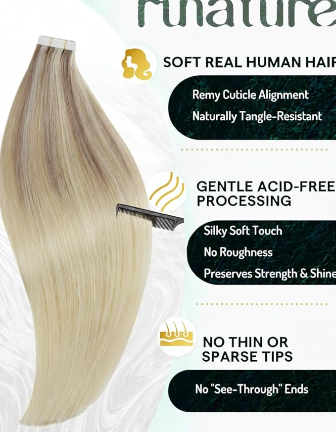 RUNATURE Tape in Extensions Human Hair Balayage, Real Human Hair Tape in Extensions, 16 Inch Ombre Blonde Tape in Hair Extensions, Full Head Natural Hair, Ash Blonde Fading to Light Blonde 50g 20pcs