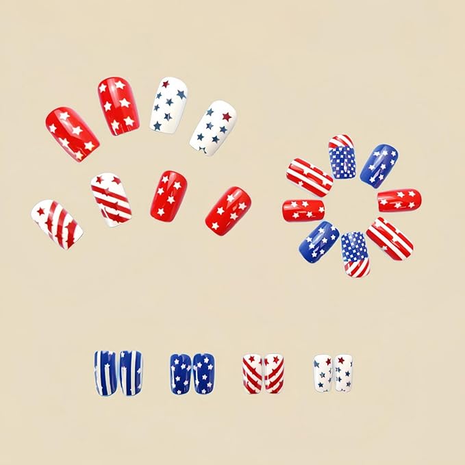 4th of July Press-On Nails Medium Square 24 Pcs Acrylic False Nails with Stars, Red, White Stripes Designs, Glossy Finish