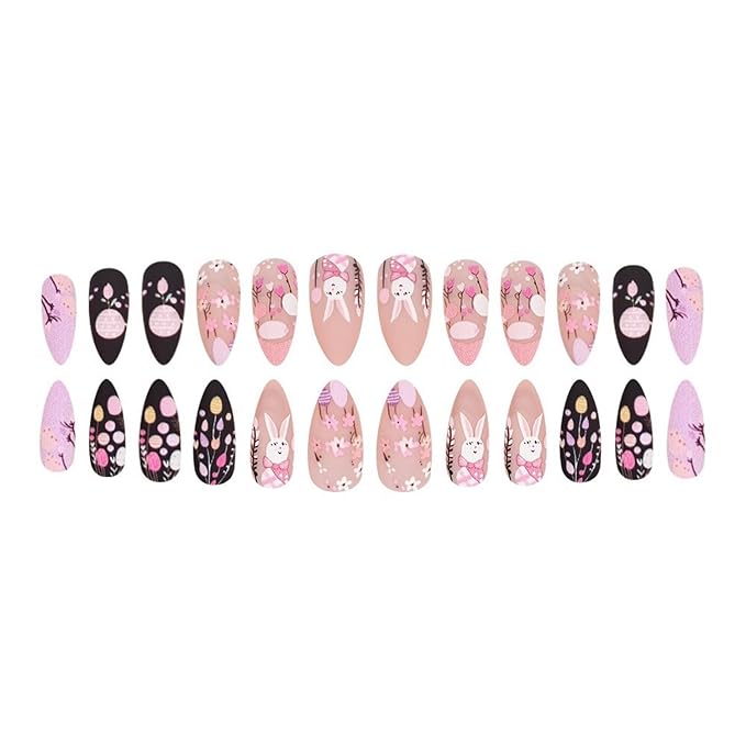 24 Pcs Easter Press on Nails Medium Almond Shaped Fake Nails Pink Black Matte False Nails Easter Eggs Cute Bunny Designs Full Cover Spring Flower Acrylic Nails for Women Manicure Decorations