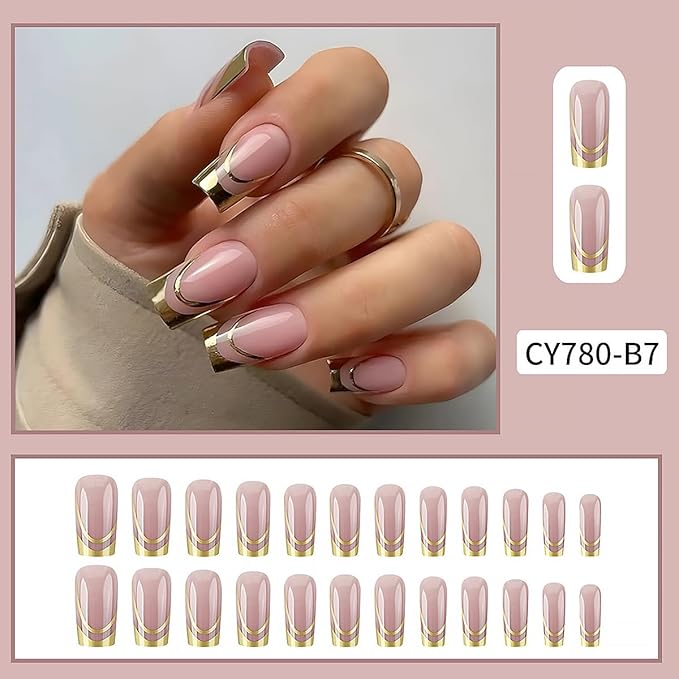24Pcs Gold French Tip Press on Nails Medium Square Fake Nails with Gilding Line Design Nude Pink Full Cover Artificial Glue on Nails Glossy False Nails Reusable Exquisite Stick on Nail for Women DIY
