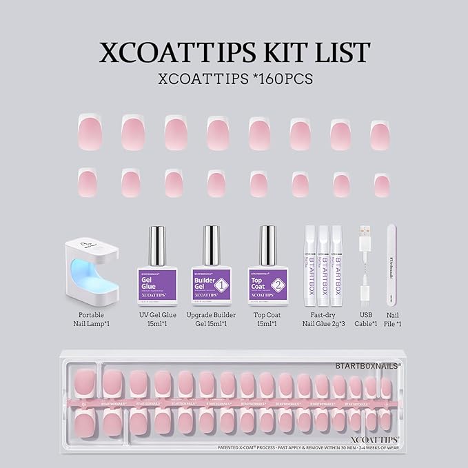 BTArtboxnails XCOATTIPS Gel Nail Kit - Short Squre French Tip Press on Nails Kit, Pink Soft Gel Nail Tips with Nail Gel, French Protecing Duo and Nail Lamp for Gift Home DIY