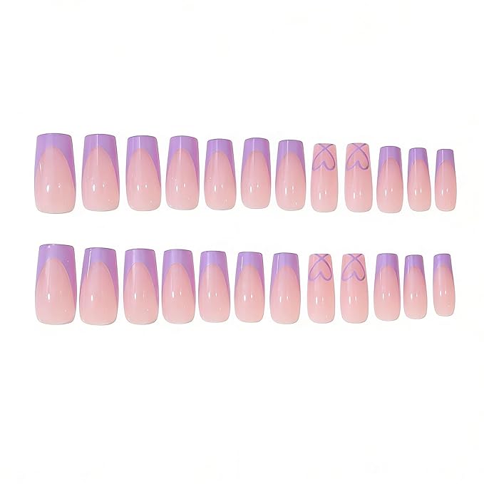 Coffin Press on Nails Medium - Purple French Tip Fake Nails with Heart Design - Glossy Full Cover Stick on False Nails - for Women 24 Pcs