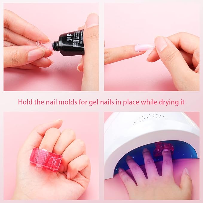 10Pcs Nail Tip Clips, Nail Clips for Poly Nail Gel, Nail Extension Gel Quick Building Nail Tips Clip for Dip Powder Nail Kit False Nail Tips and Dual Forms Manicure Nail Art Tools, Pink