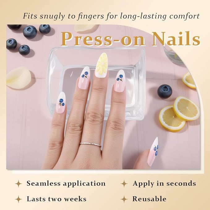 evpct French Tip Press on Nails Medium Almond, Nude Pink + White Tips, Artificial 3D Fake Nails Kit with Lemon Blueberry Designs, Stick on Nails with Nail Kit, 24Pcs Reusable Stick on Nail Kit Women