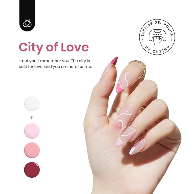 Beetles Pink Gel Polish White French Gel Nail Polish Set, 6 Pcs Pink Rose Glitter City of Love Collection, 5 Colors Gel & 1 Pcs Liner Polish Soak Off Uv Lamp Nails Art Design Manicure Gifts for Women