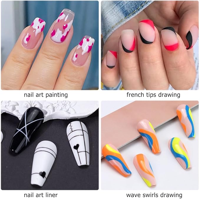 Nail Art Liner Gel Polish Set, 12 Colors Kit With Neon Pink Green Painting and Thin Brush, Soak off Black White Drawing for French Tips, Wave Swirls Nail Design