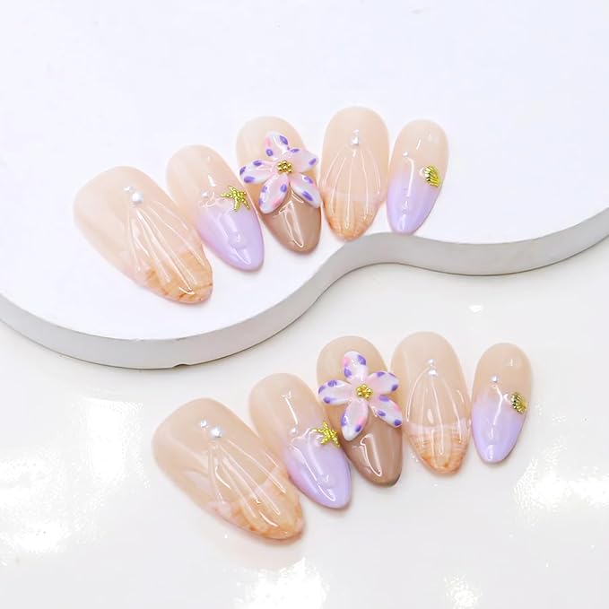 Handmade Press on Nails Purple French Tip Fake Nails with 3D Flower Pearl Starfish Designs Salon Quality False Nail Full Cover Thickened Medium Almond Acrylic Nails Stick on Nail for Women（Size S）